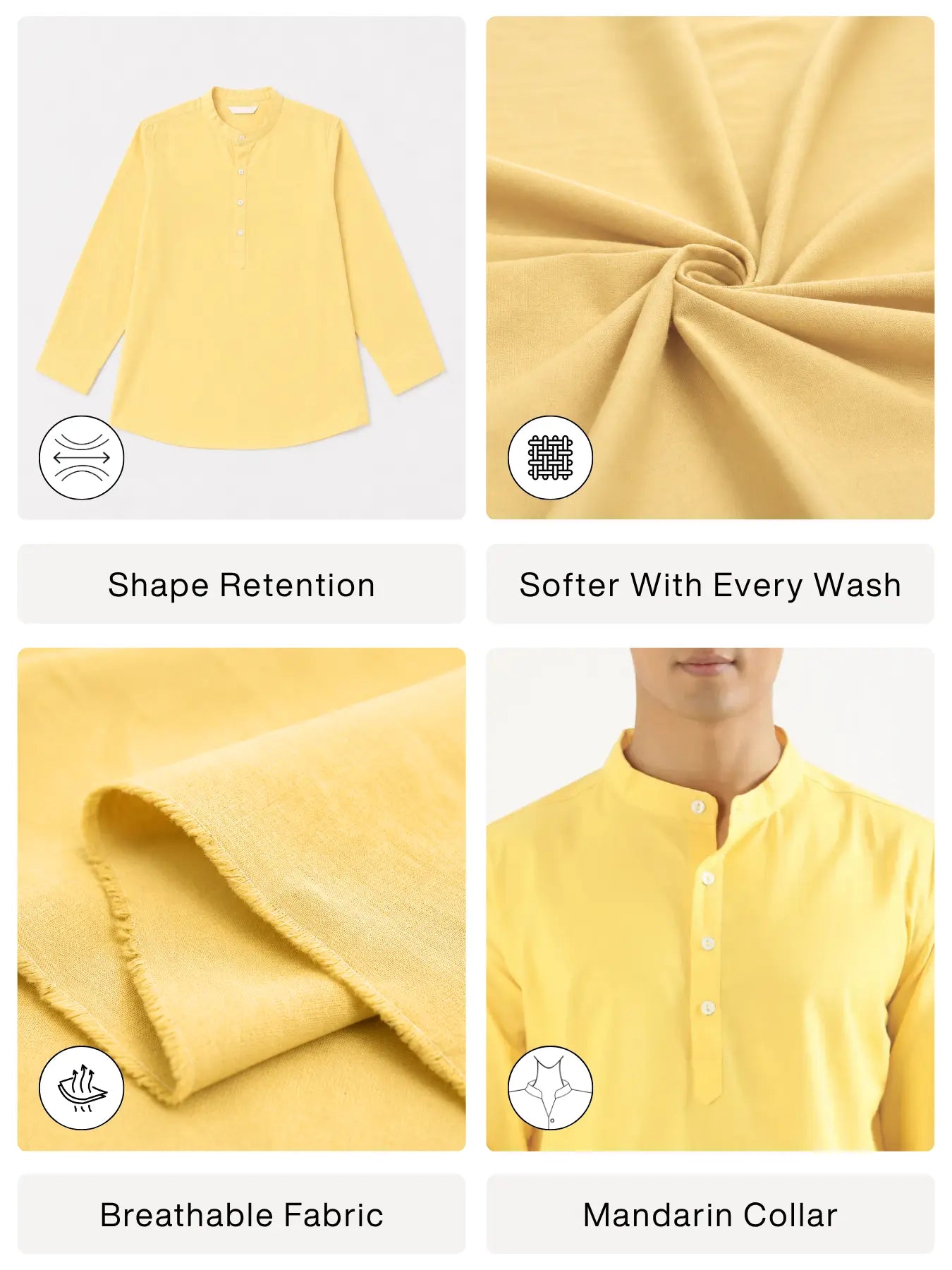Men Lemon Yellow Airy Linen Short Kurta