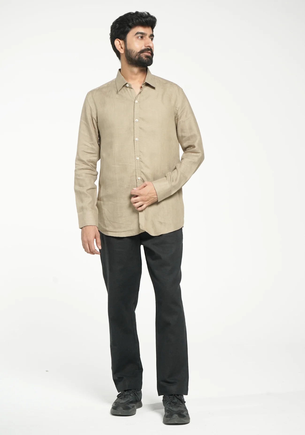 Men Khakhi Pure Linen Full Sleeve Shirt