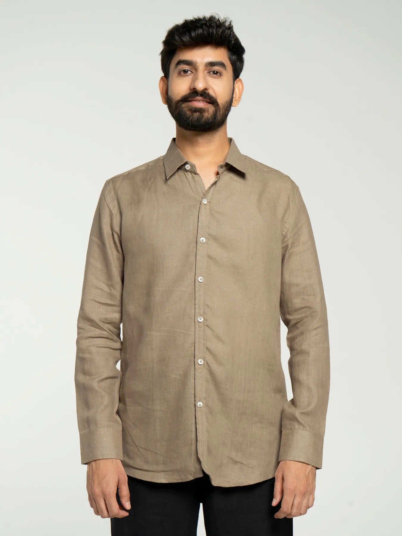 Men Khakhi Pure Linen Full Sleeve Shirt