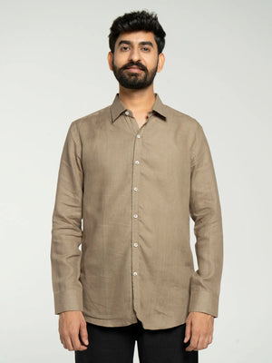 Men Khakhi Pure Linen Full Sleeve Shirt
