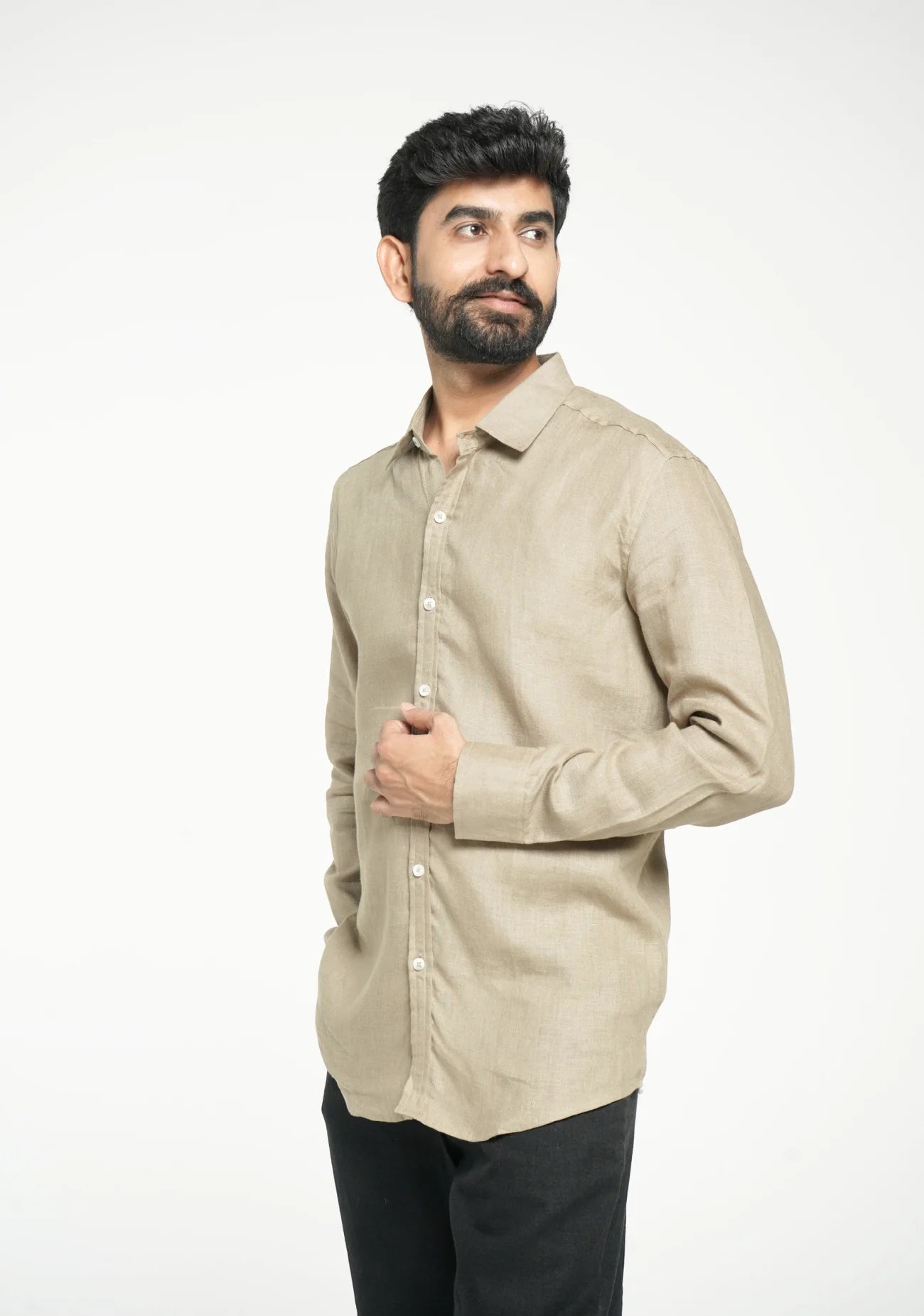 Men Khakhi Pure Linen Full Sleeve Shirt