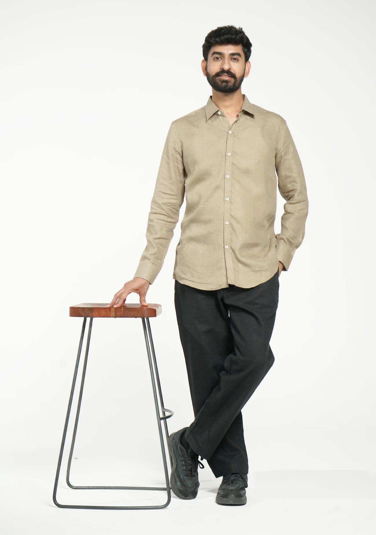 Men Khakhi Pure Linen Full Sleeve Shirt