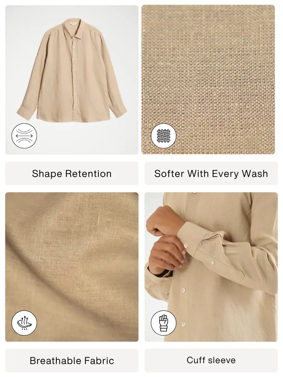 Men Taupe Pure Linen Full Sleeve Shirt