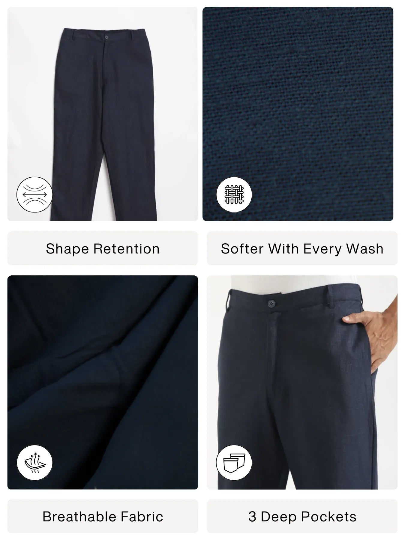 Men Navy Blue Linen Blend Straight Pant