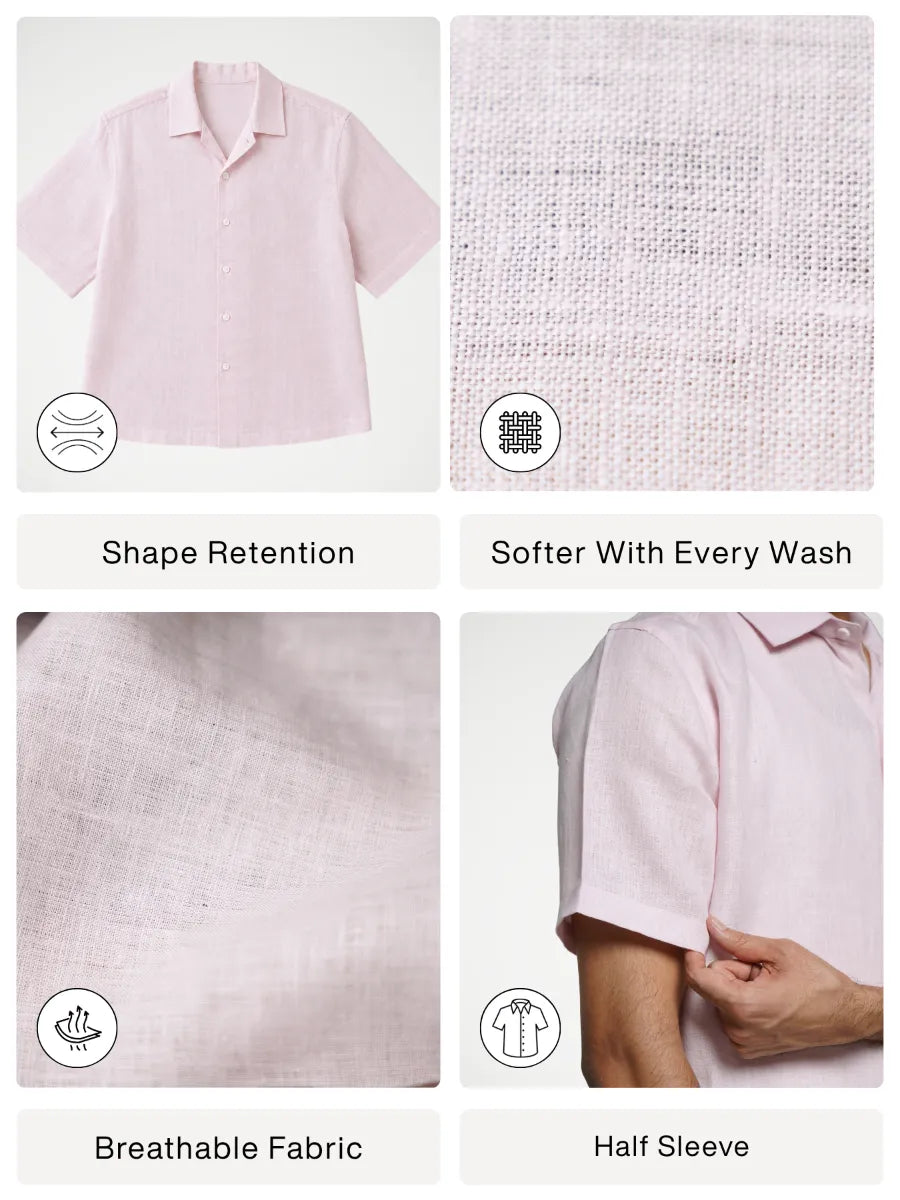 Men Blush Pink Pure Linen Short Sleeve Shirt