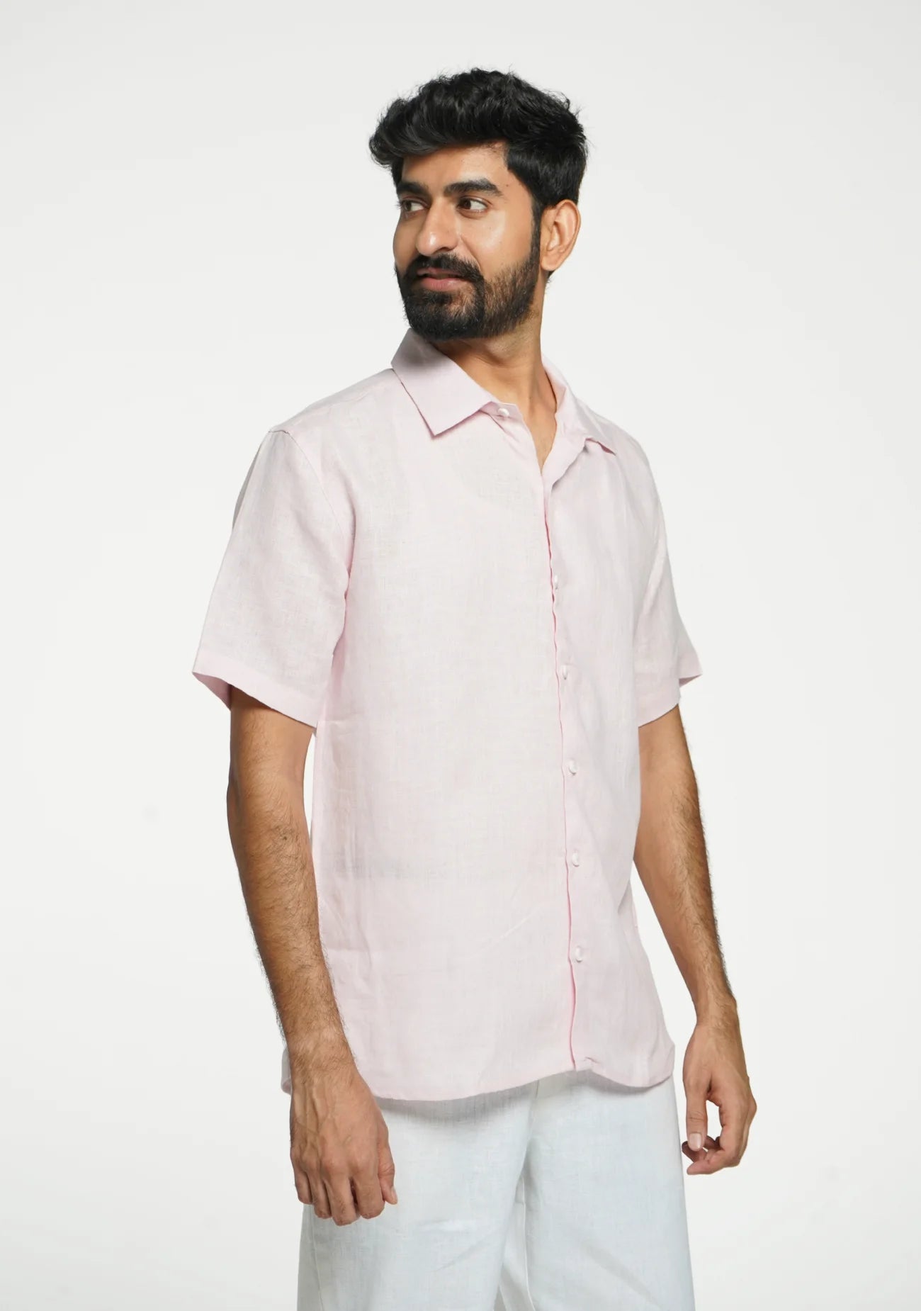 Men Blush Pink Pure Linen Short Sleeve Shirt