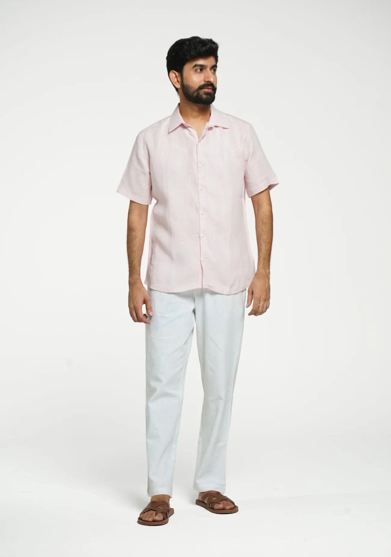 Men Blush Pink Pure Linen Short Sleeve Shirt