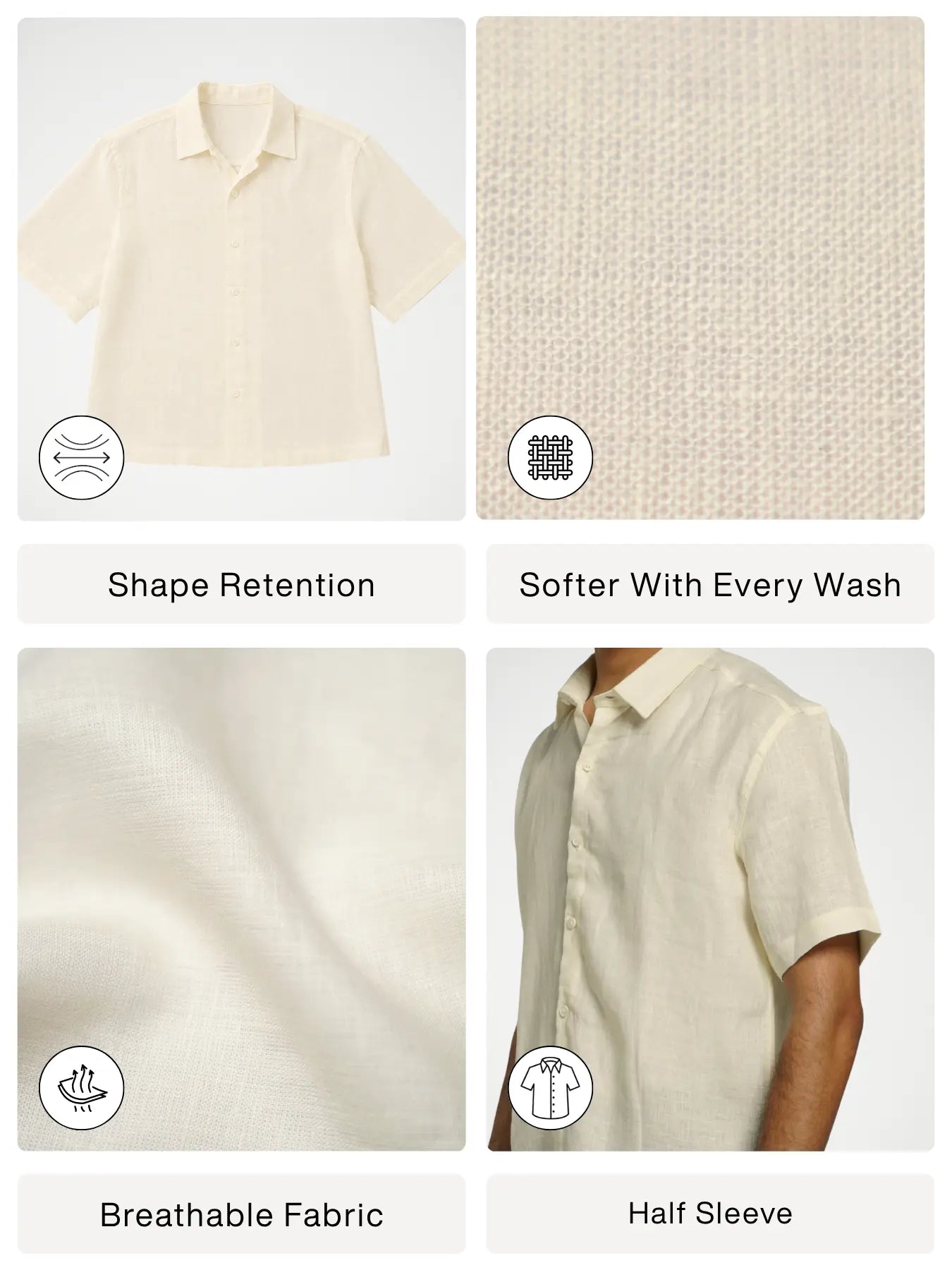 Men Cream Pure Linen Short Sleeve Shirt