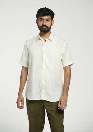 Men Cream Pure Linen Short Sleeve Shirt