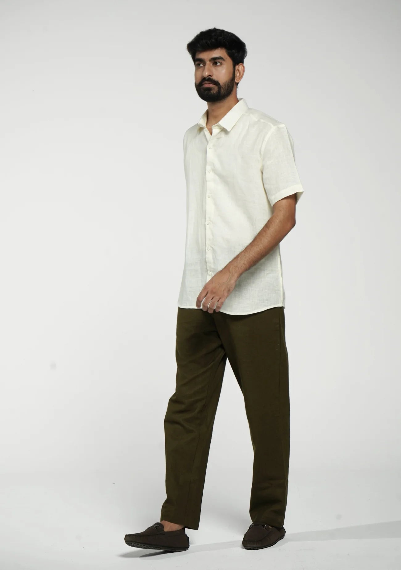 Men Cream Pure Linen Short Sleeve Shirt