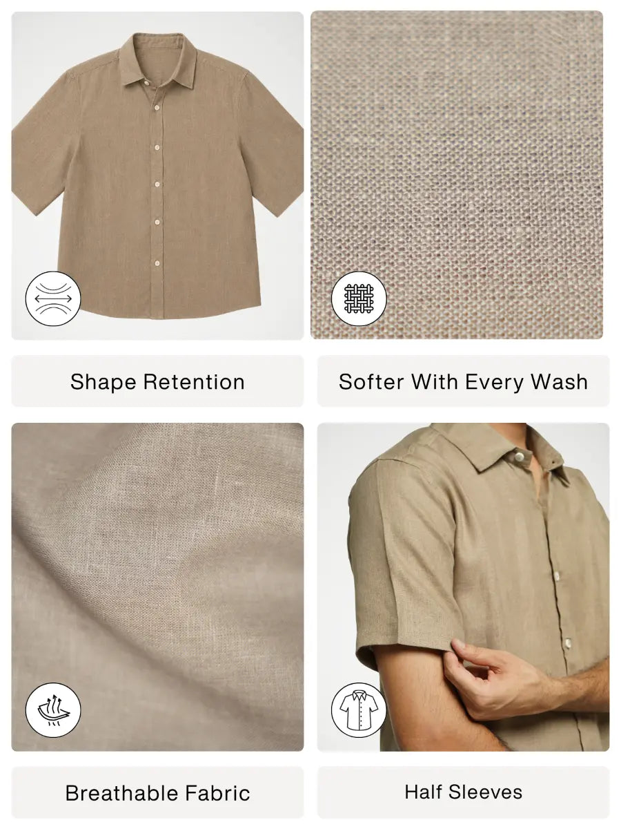 Men Khakhi Pure Linen Short Sleeve Shirt