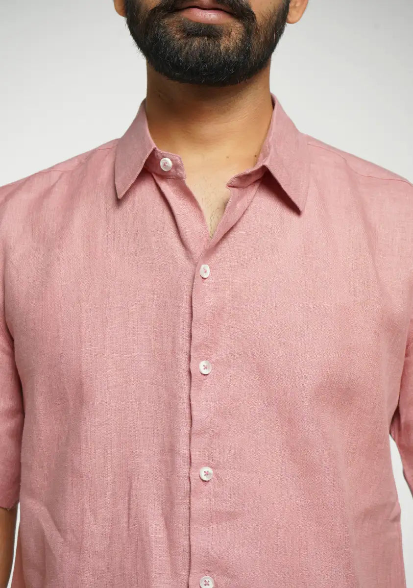 Men Rose Taupe Pure Linen Short Sleeve Shirt
