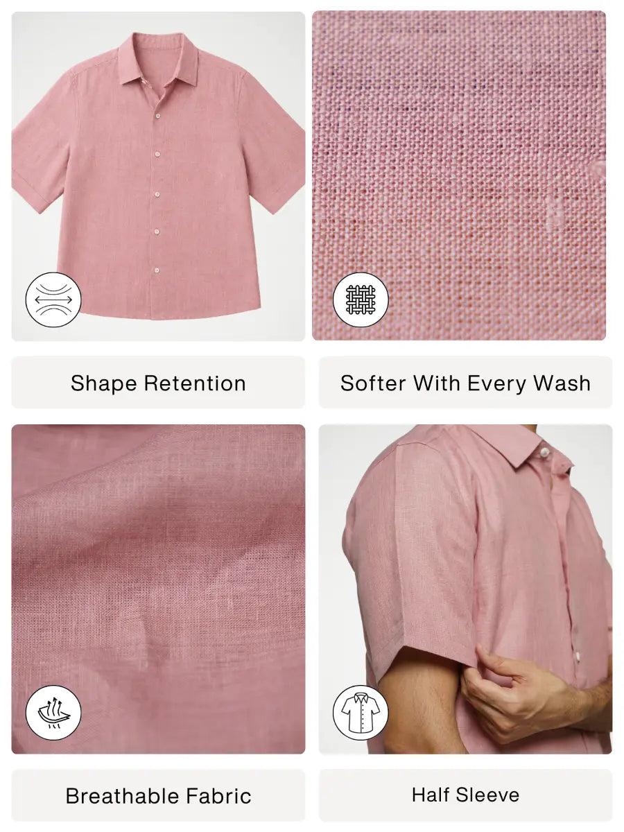 Men Rose Taupe Pure Linen Short Sleeve Shirt