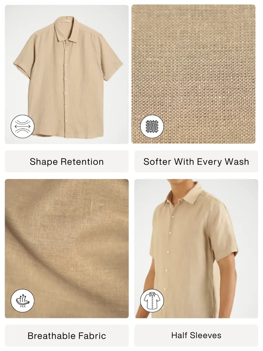 Men Taupe Pure Linen Short Sleeve Shirt