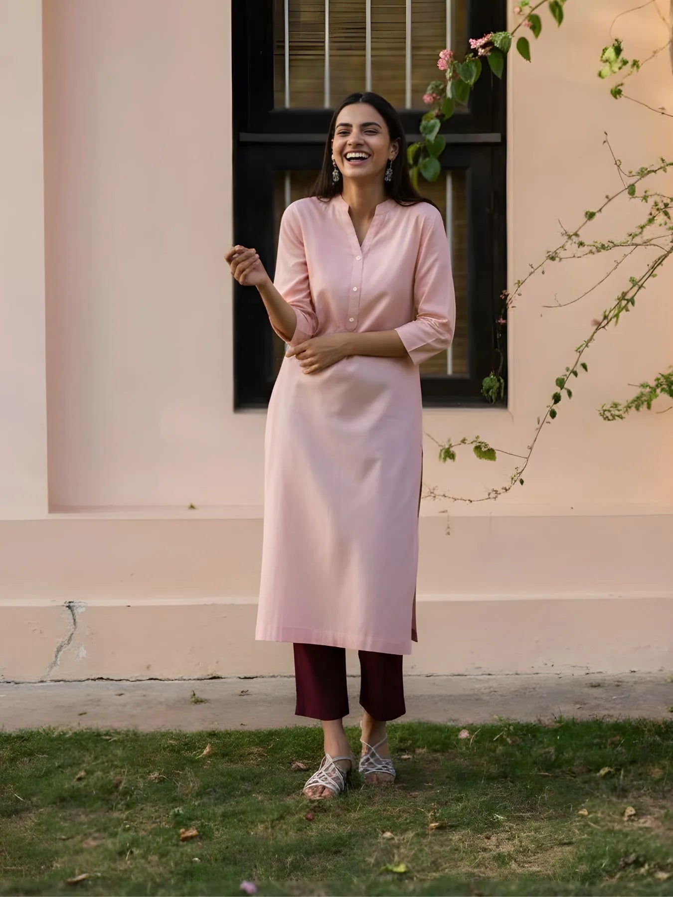 Women Salmon Pink Airy Linen Long Kurta & Wine Cotton Pant Set