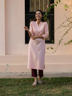 Women Salmon Pink Airy Linen Long Kurta & Wine Cotton Pant Set