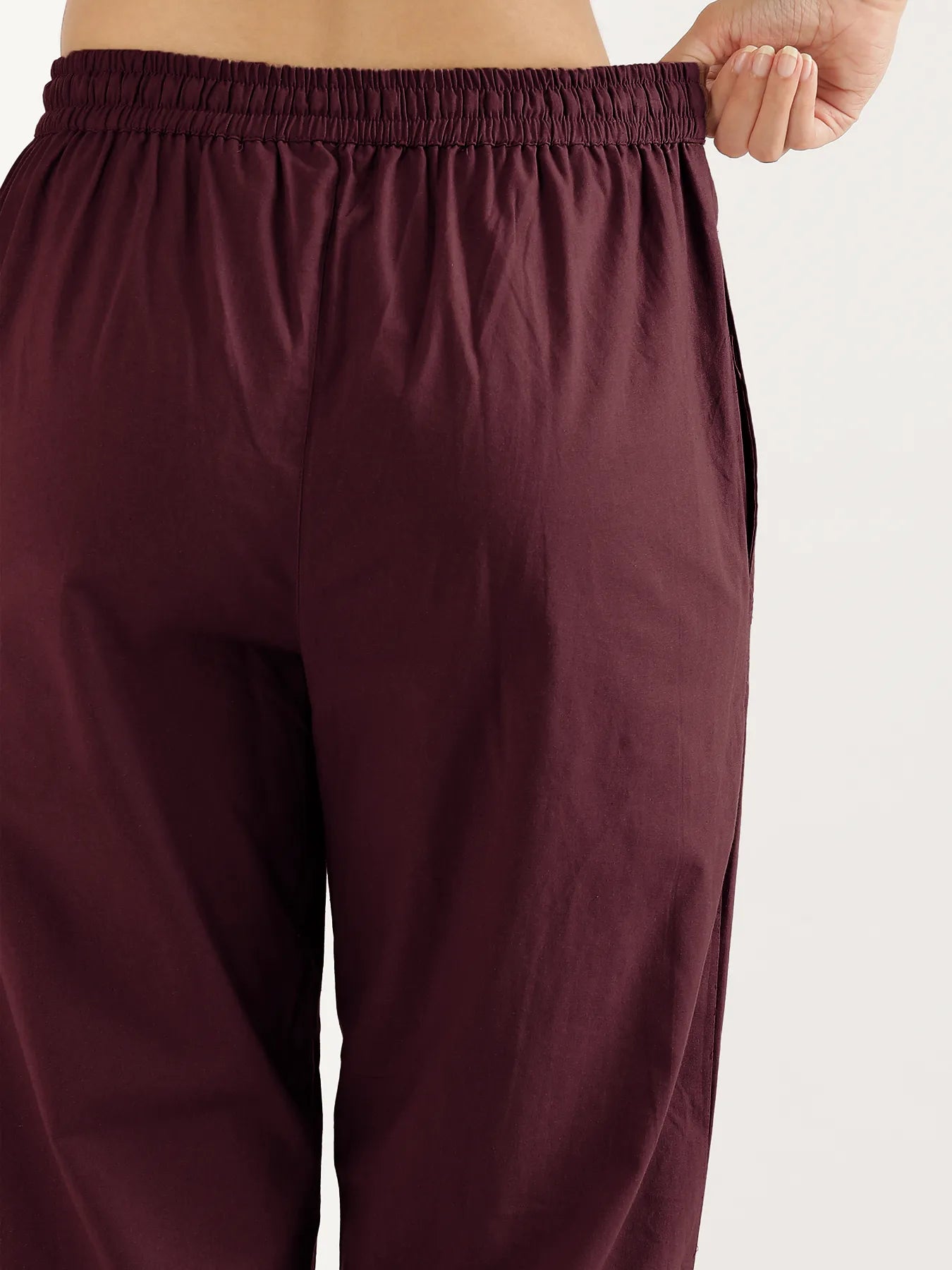 Women Wine Cotton Straight Pant