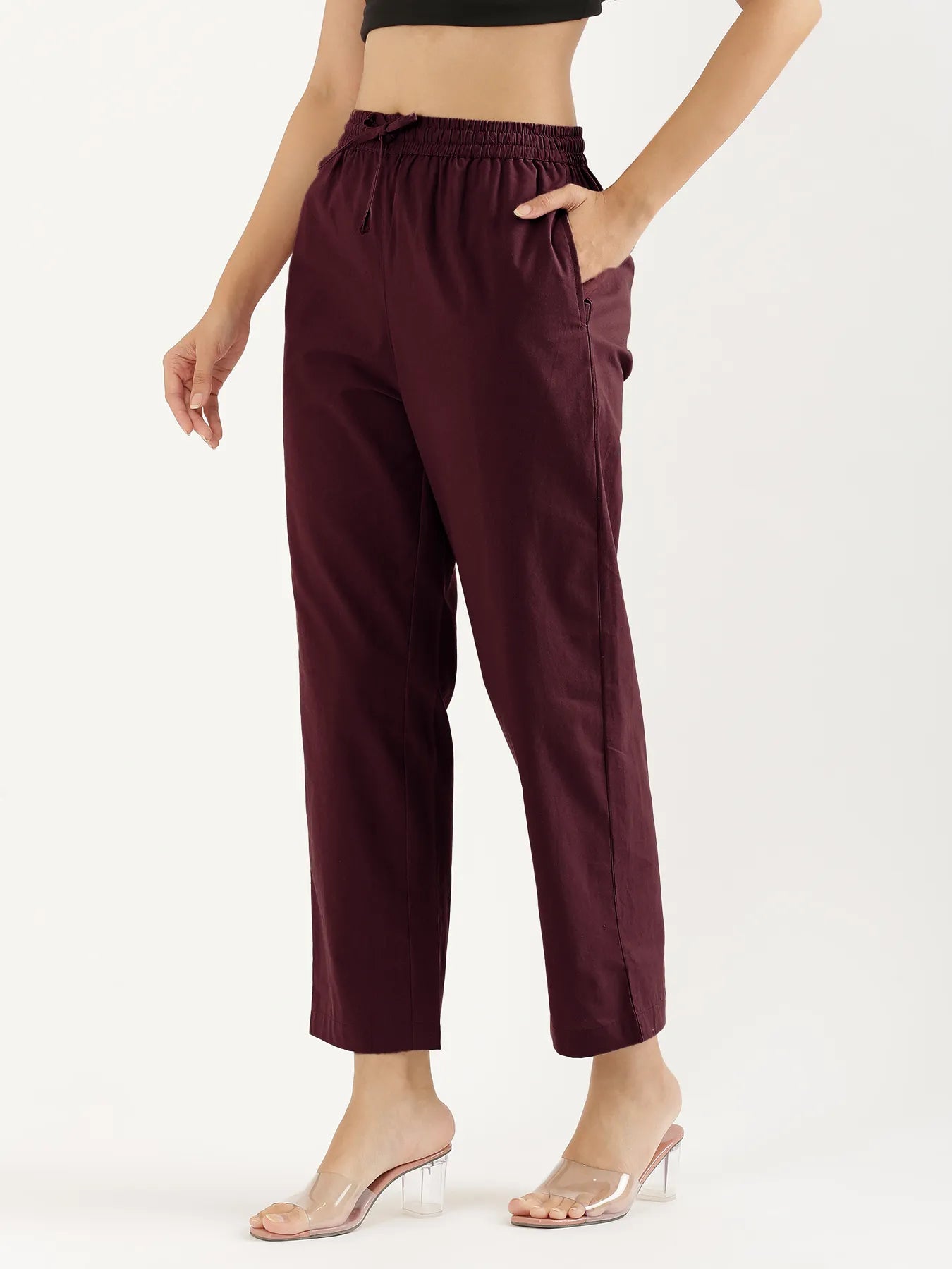Women Wine Cotton Straight Pant