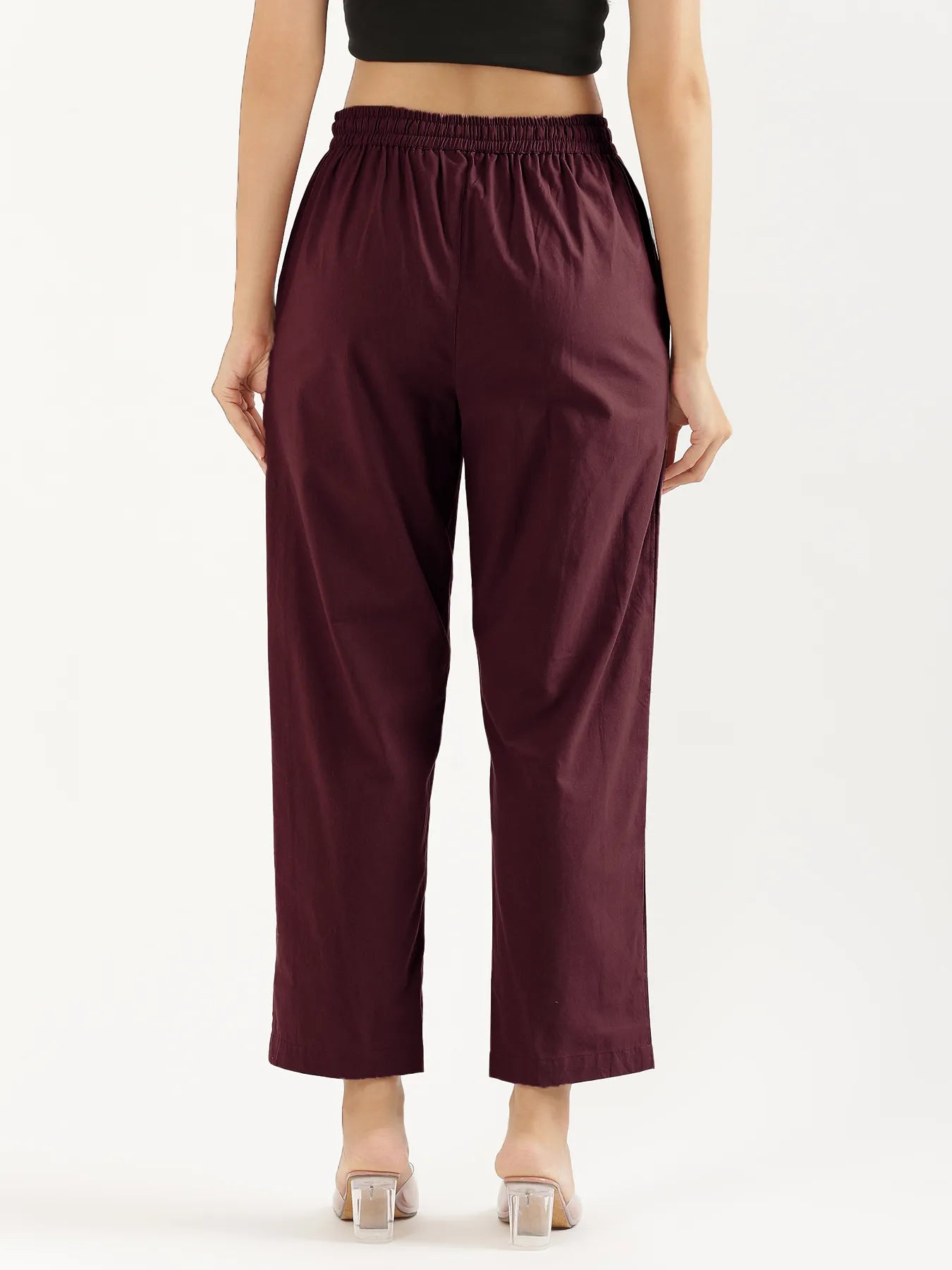 Women Wine Cotton Straight Pant