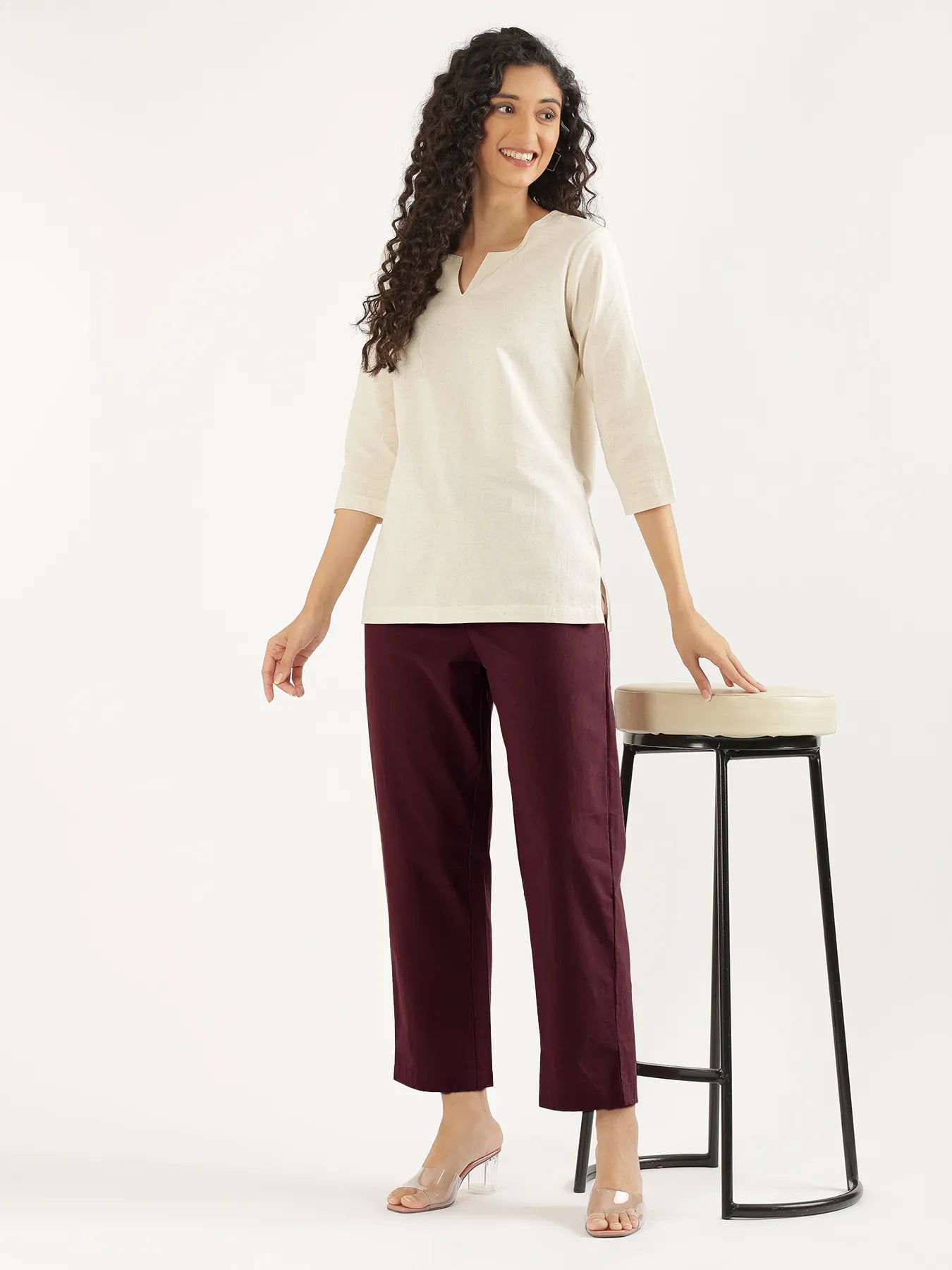 Women Wine Cotton Straight Pant