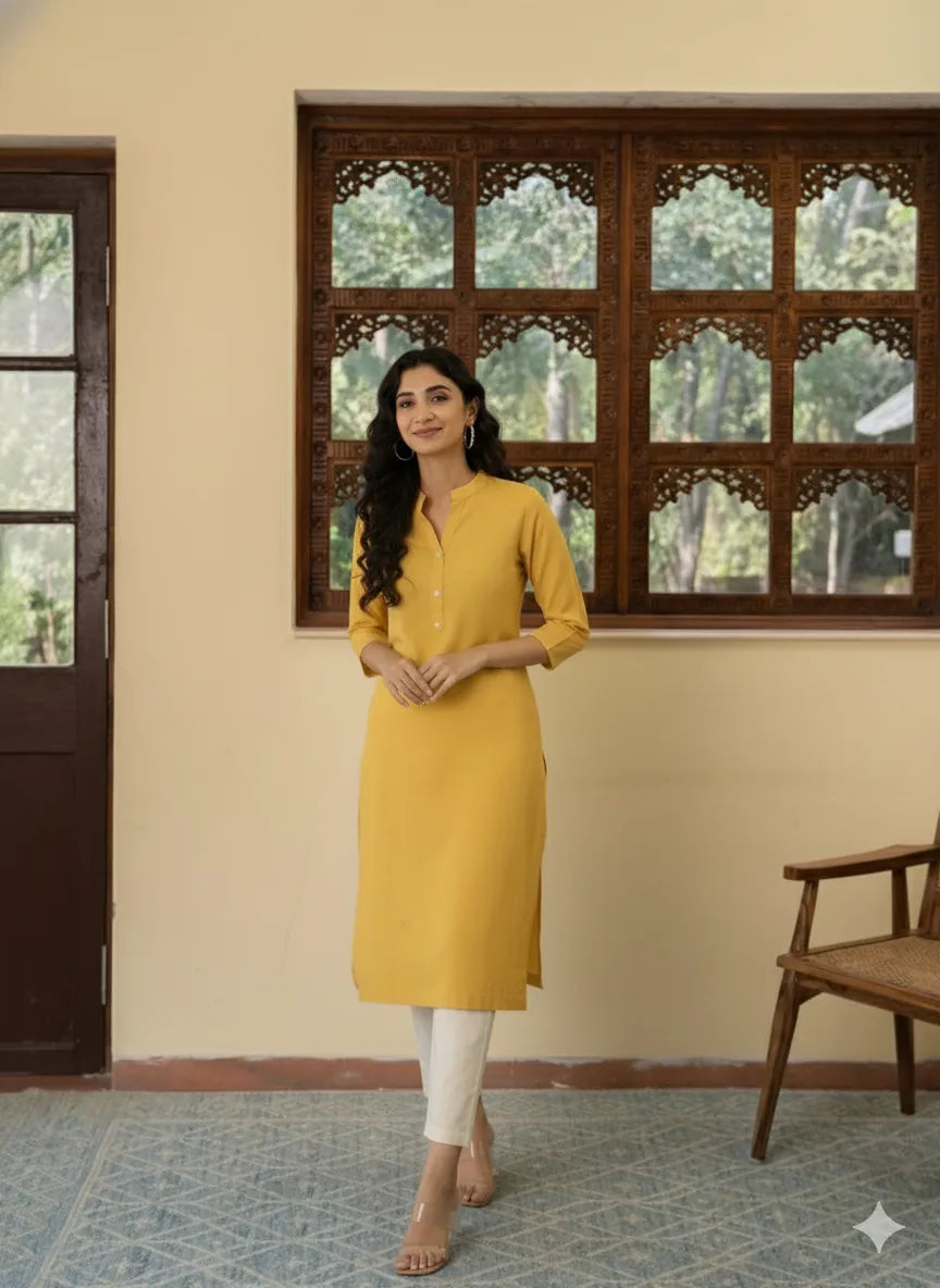 Women Yellow Airy Linen Long Kurta & Beige Cotton Pant Set