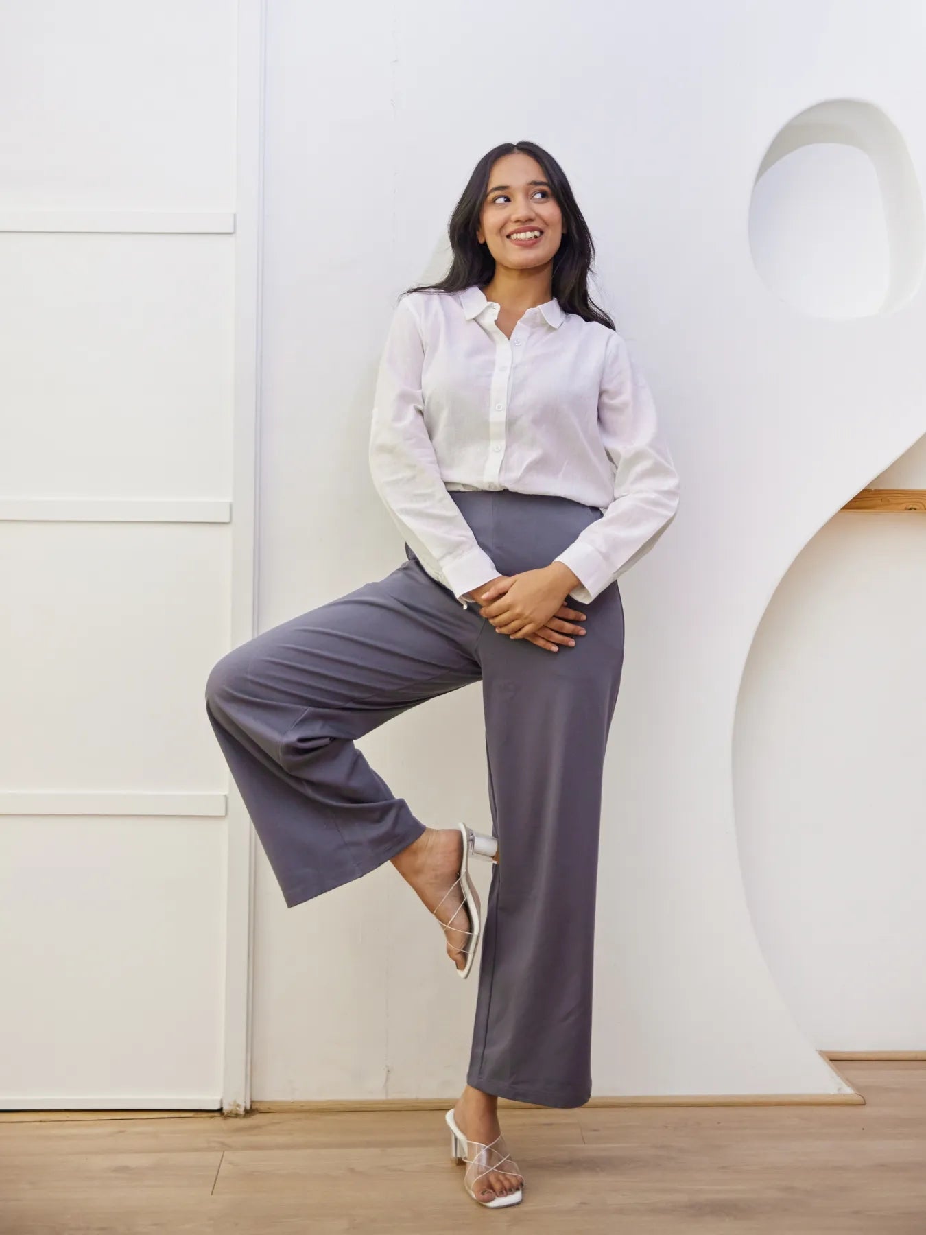 Women Cement Grey Wide Leg Pants