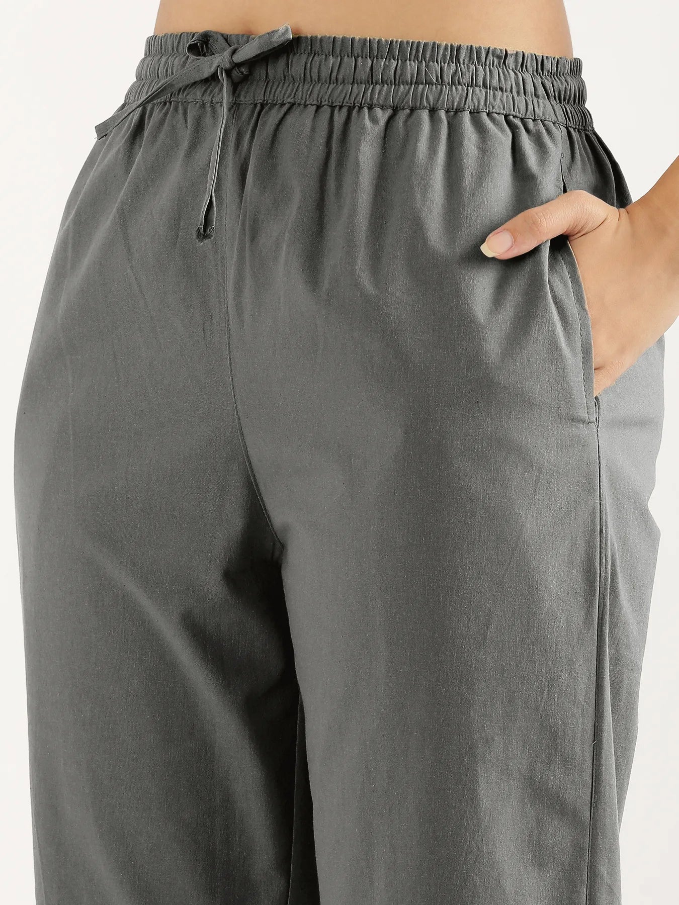 Women Cement Grey Cotton Straight Pant