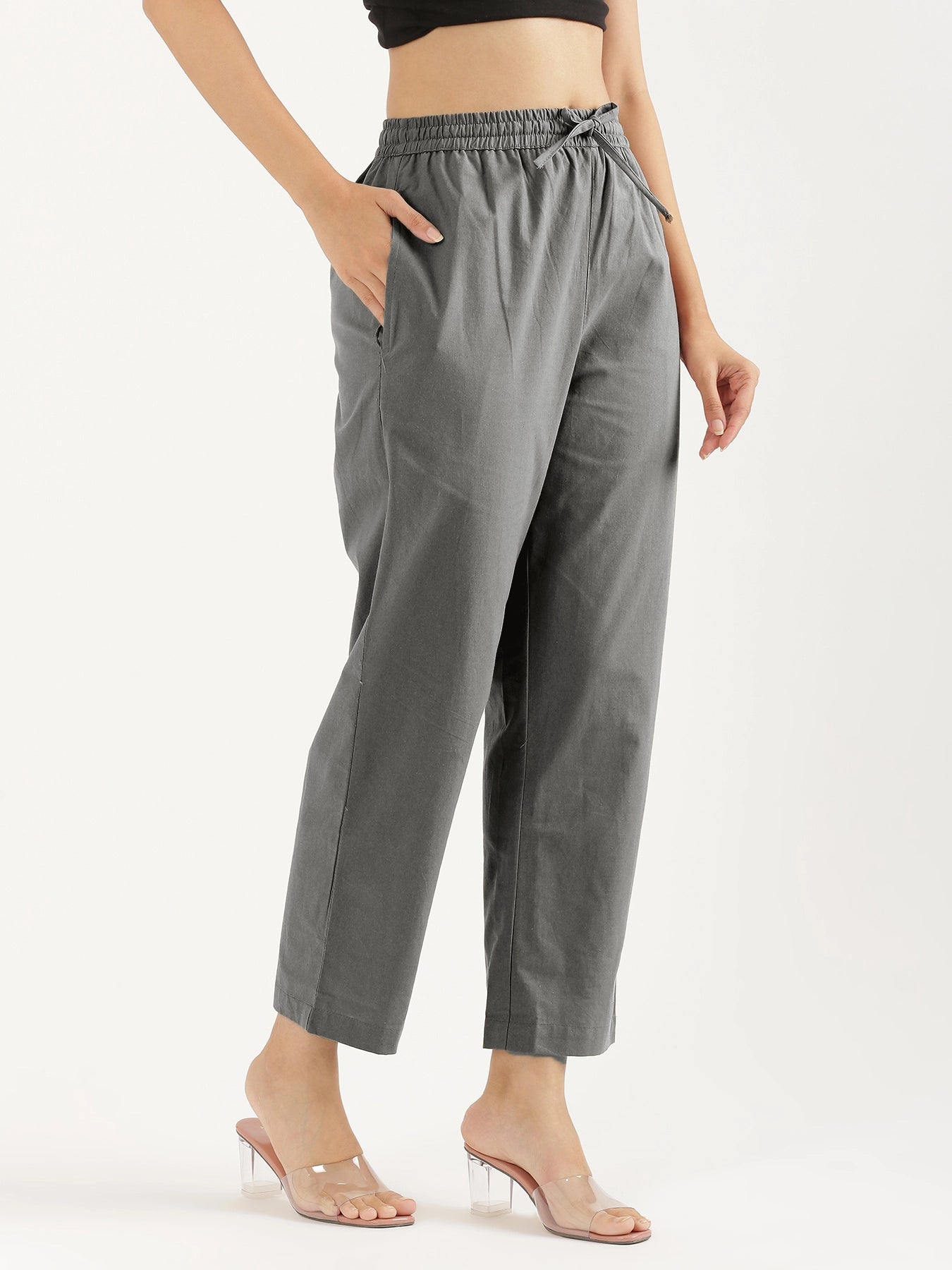 Women Cement Grey Cotton Straight Pant