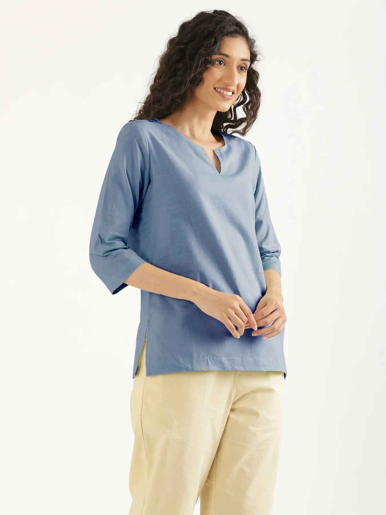 Women English Blue Airy Linen Split Neck Short Kurta