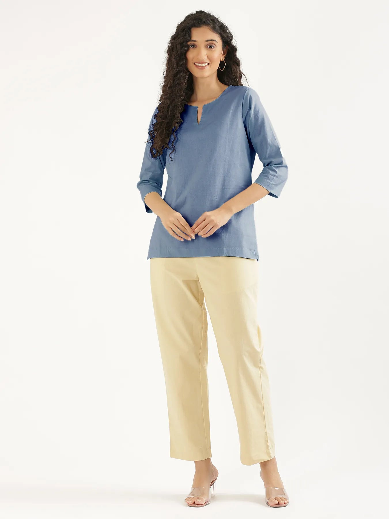 Women English Blue Airy Linen Split Neck Short Kurta