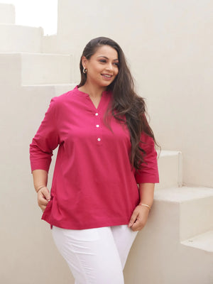 Women Hot Pink Airy Linen Short Kurta & White Cotton Pant Set
