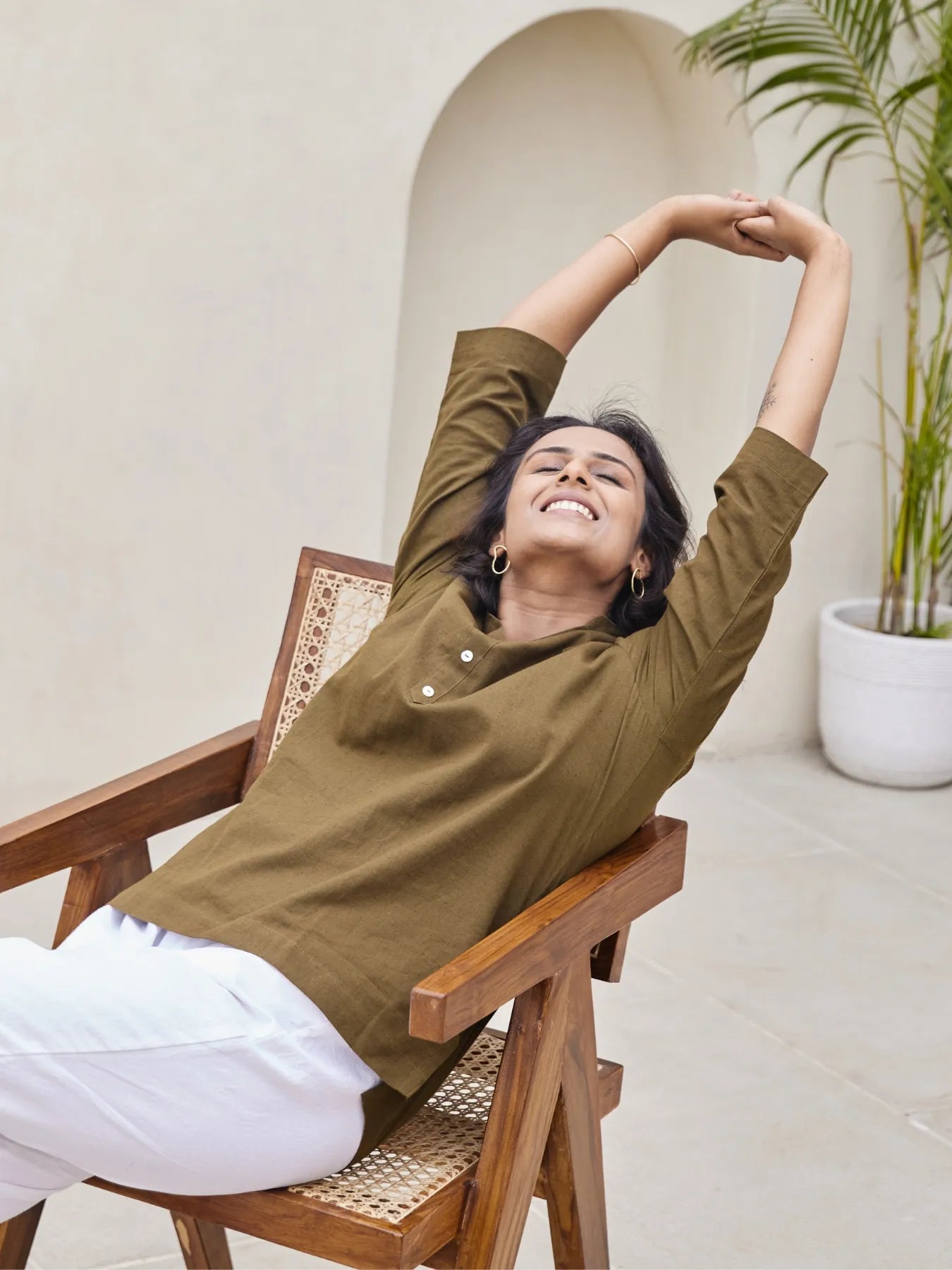 Women Olive Green Airy Linen Short Kurta