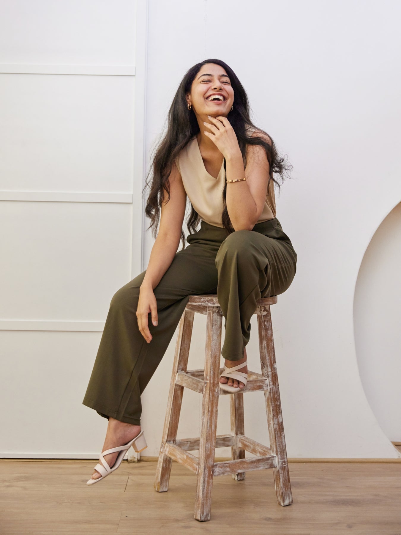 Beige V-Neck Sleeveless Top with Olive Green Wide Leg Pant