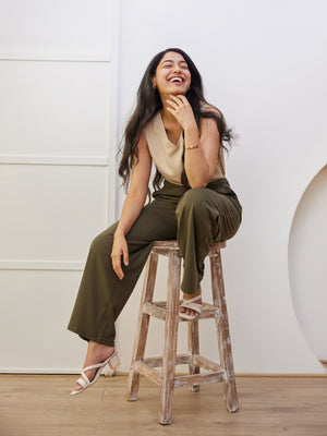 Beige V-Neck Sleeveless Top with Olive Green Wide Leg Pant