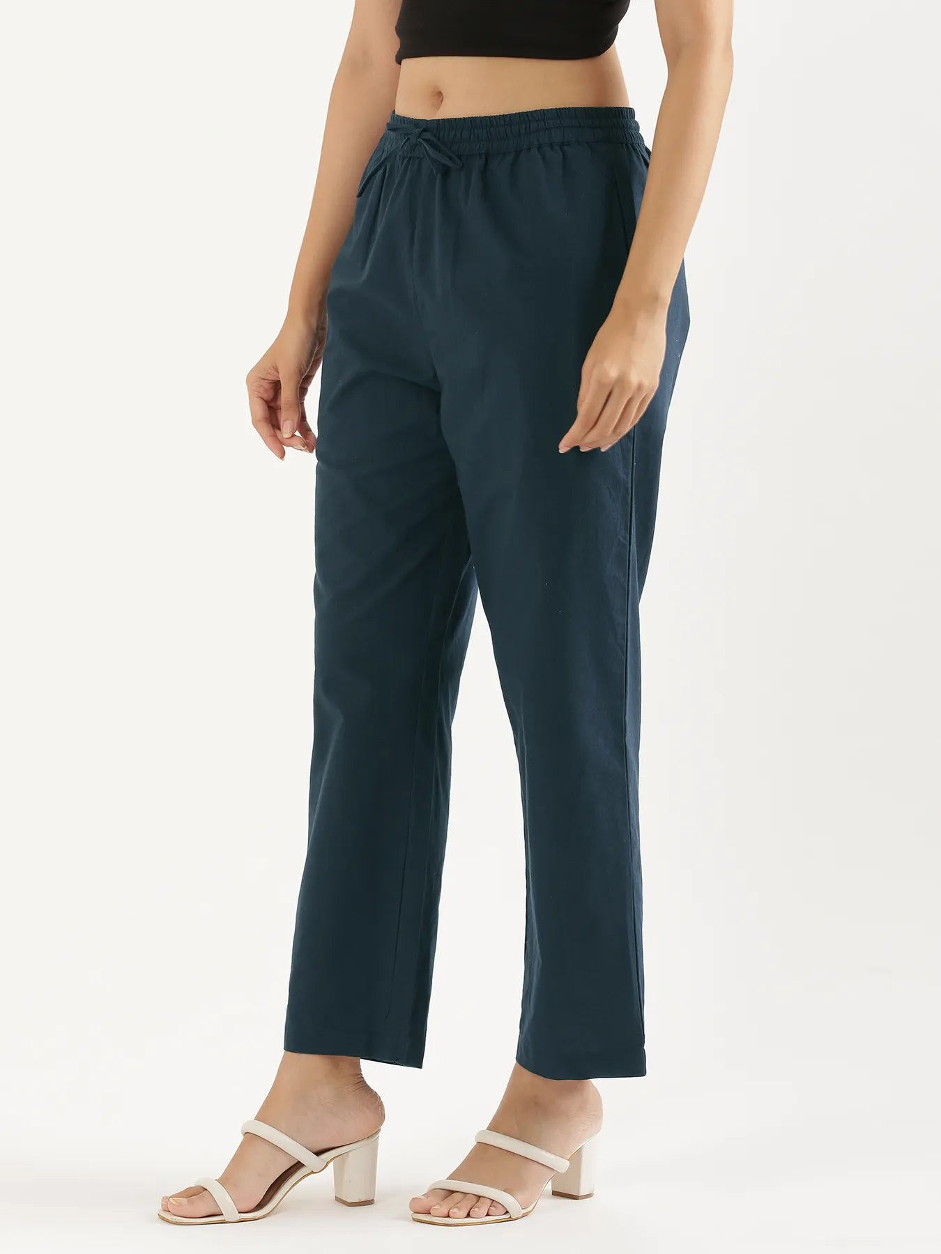 Women Peacock Blue Cotton Straight Pant