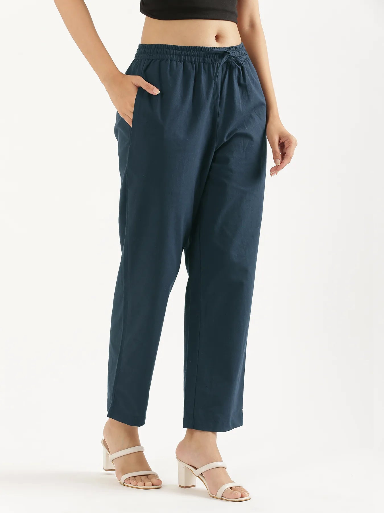 Women Peacock Blue Cotton Straight Pant