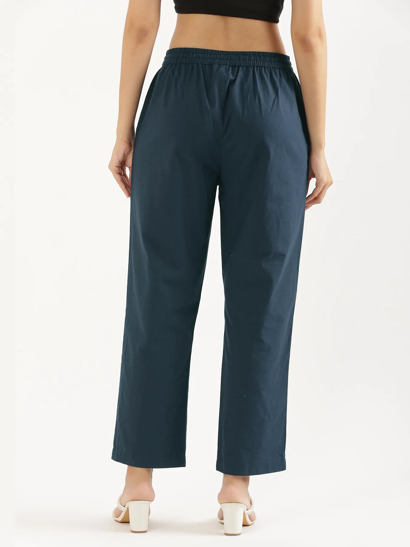 Women Peacock Blue Cotton Straight Pant