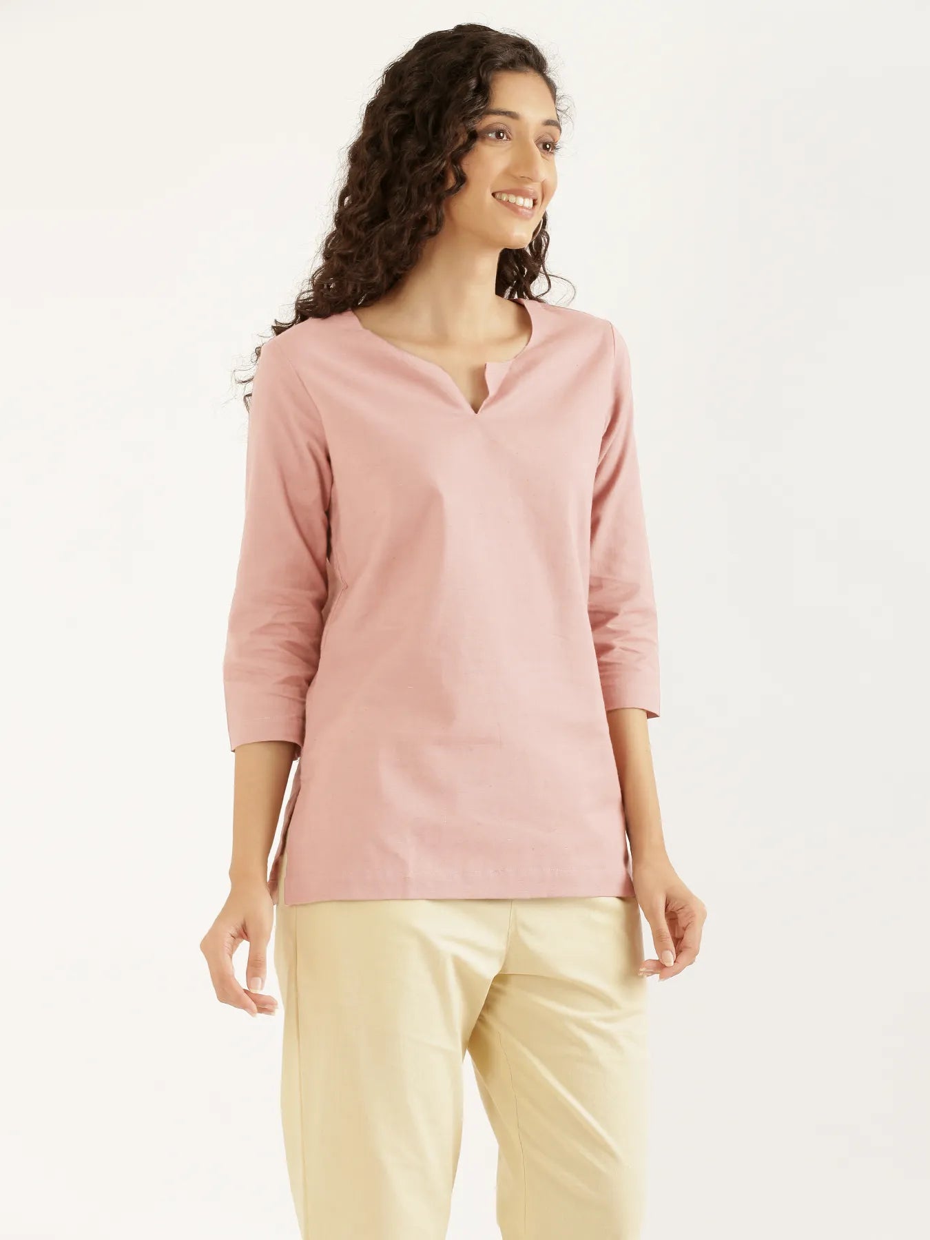 Women Salmon Pink Airy Linen Split Neck Short Kurta