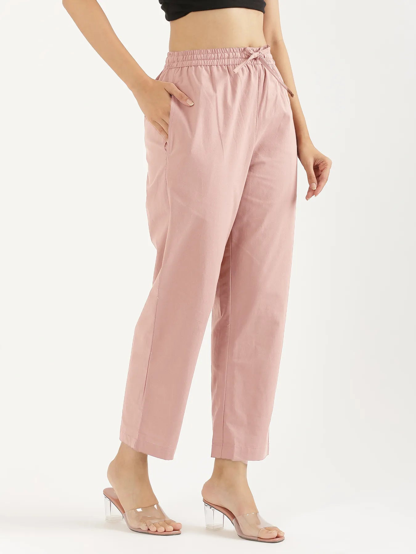 Women Salmon Pink Cotton Straight Pant