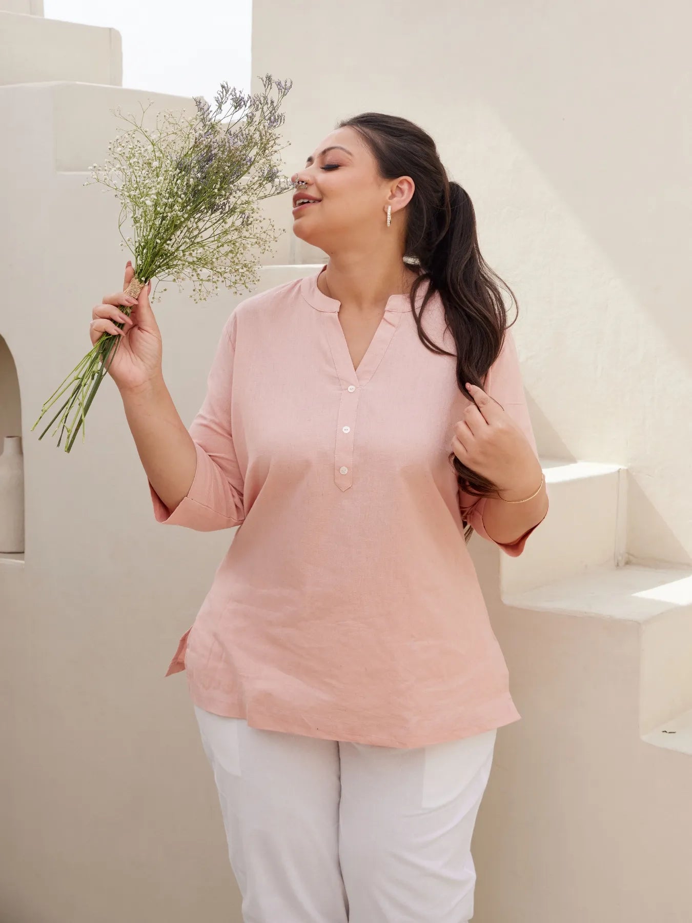 Women Salmon Pink Airy Linen Short Kurta