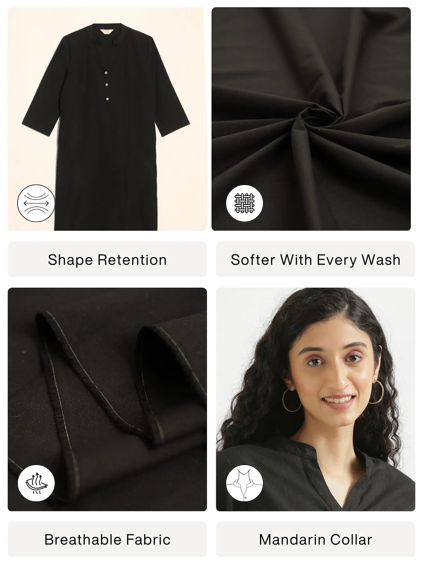 Women Black Airy Linen Long Kurta