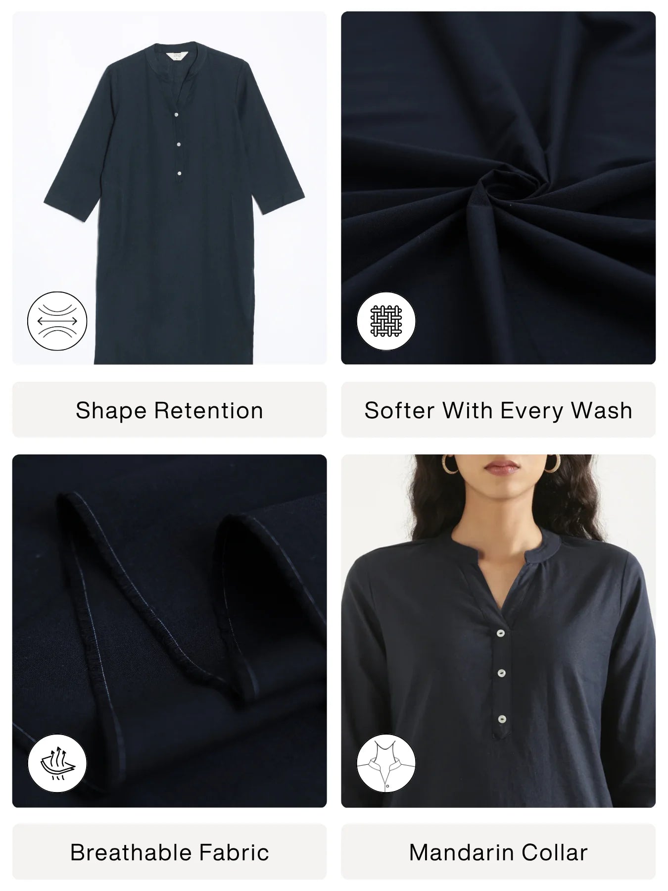 Women Navy Blue Airy Linen Long Kurta