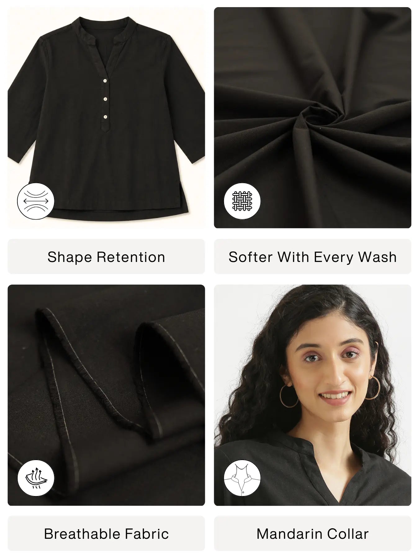 Women Black Airy Linen Short Kurta