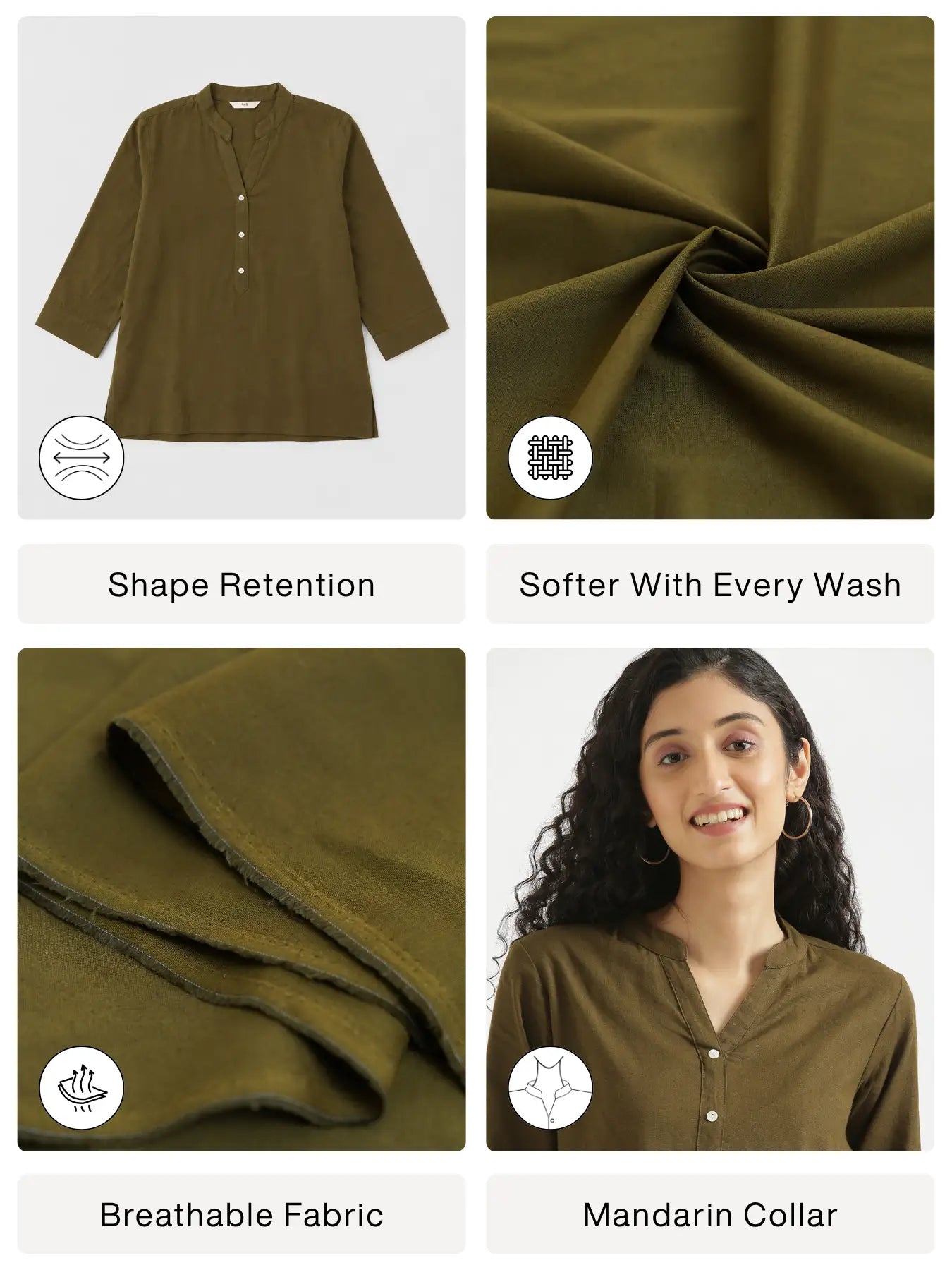 Women Olive Green Airy Linen Short Kurta