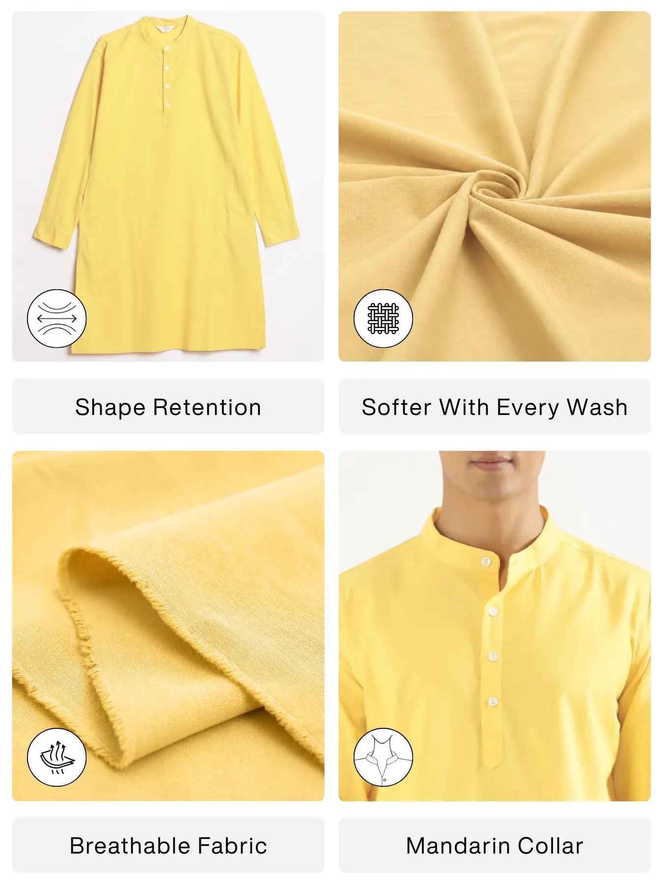 Men Lemon Yellow Airy Linen Long Kurta