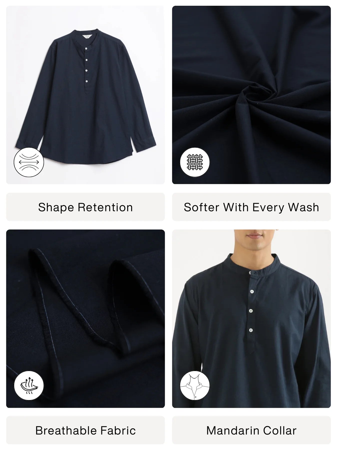 Men Navy Blue Airy Linen Short Kurta