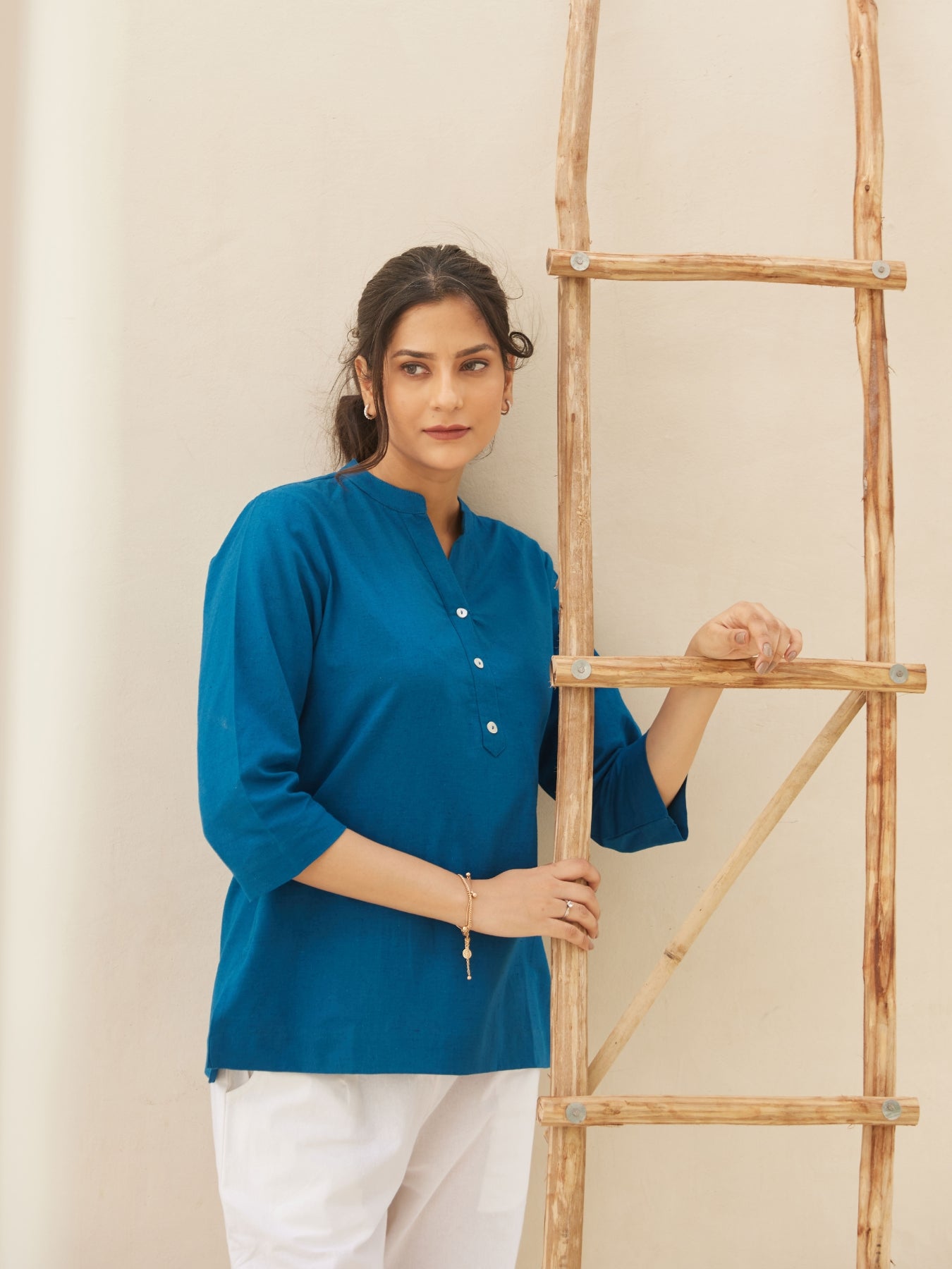 Turquoise Short Kurta with White Cotton Pant