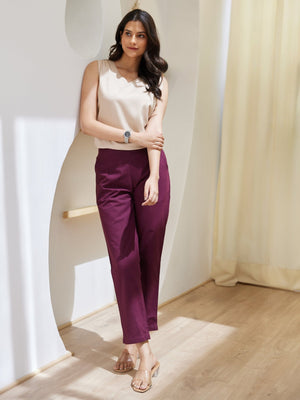 Wine Cotton Pant with Women Beige V-Neck Sleeveless Top