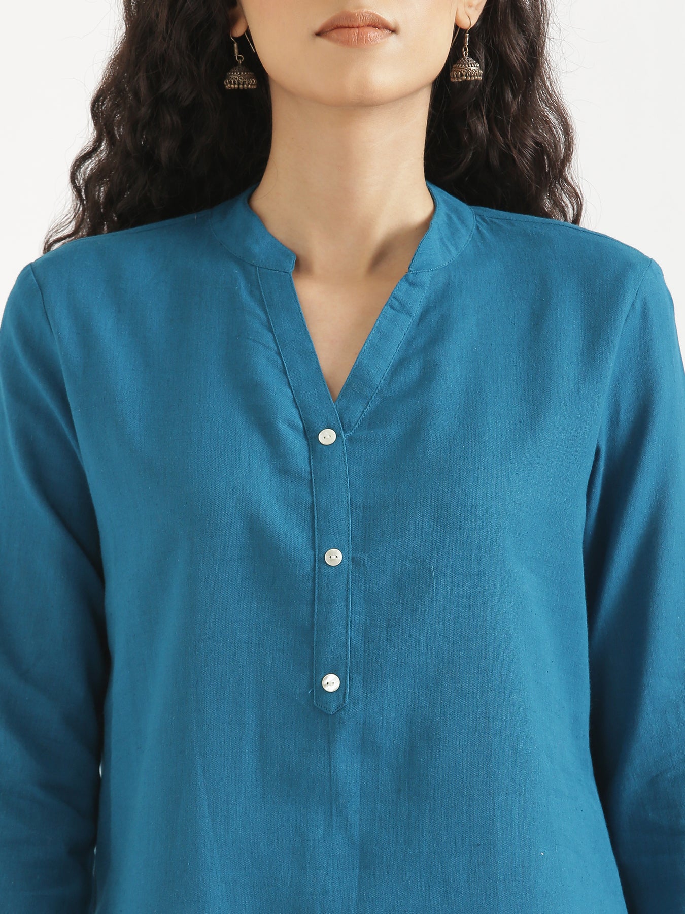 Turquoise Short Kurta with White Cotton Pant