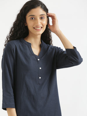 Women Navy Blue Airy Linen Short Kurta